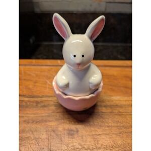 Russ Berrie Stoneware Bunny in Egg Salt and Pepper Shakers Set Easter Pink White